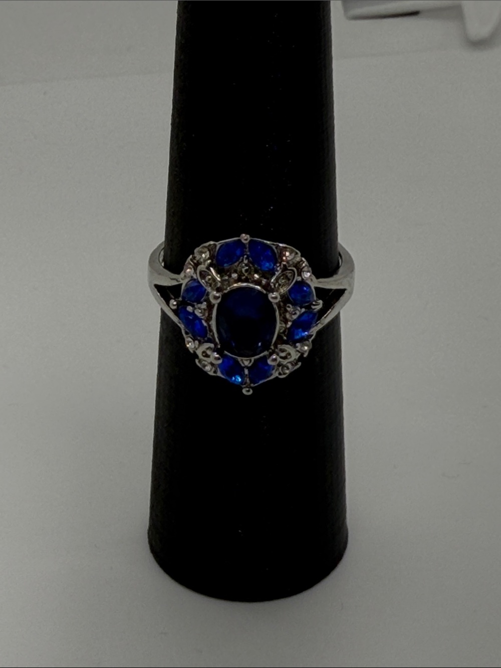 Silver Ring with Deep Blue Gemstone Halo size 10